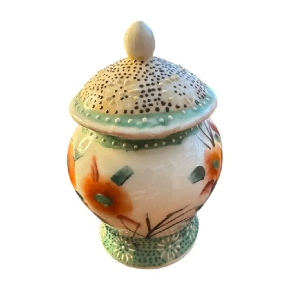 Small Vintage Orange Green Floral Raised Dots 5” Ginger Jar